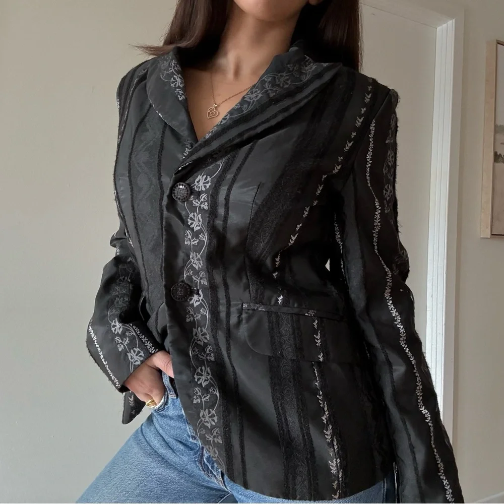 Vintage Gothic Whimsigoth Black Satin Blazer with Silver Embroidery - Picture 4 of 9